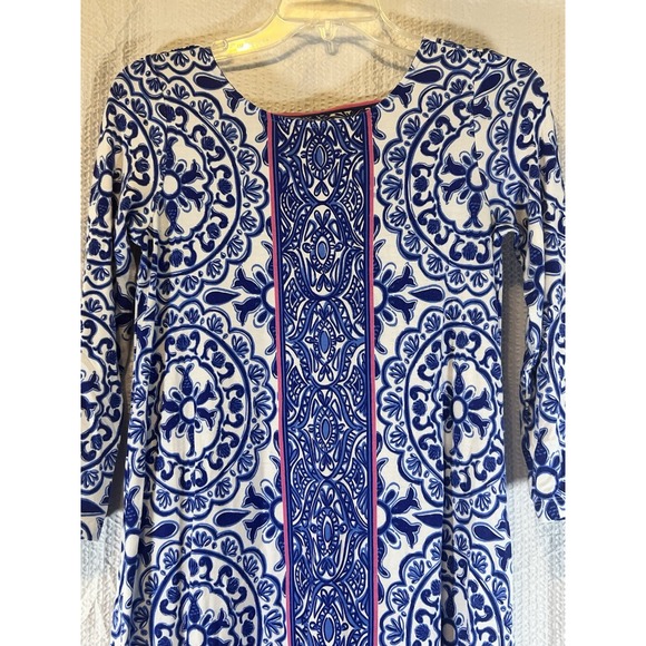 Lilly Pulitzer Women's XS Blue White Flora Stretch A-line Dress Knee Straps - Picture 3 of 10